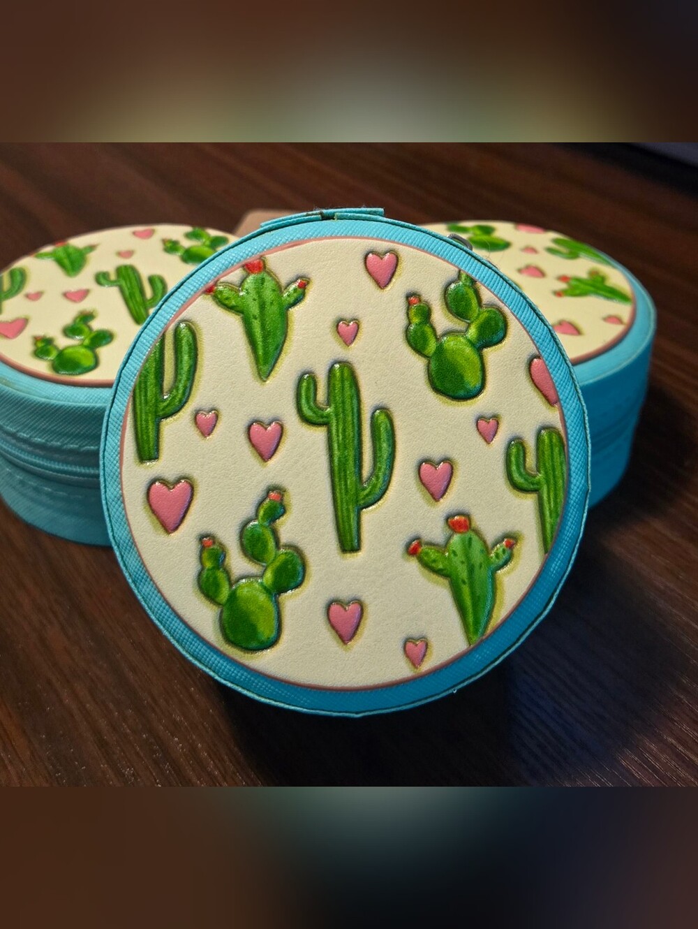 NWT Round Leather Tooled Cactus Travel Jewelry Box